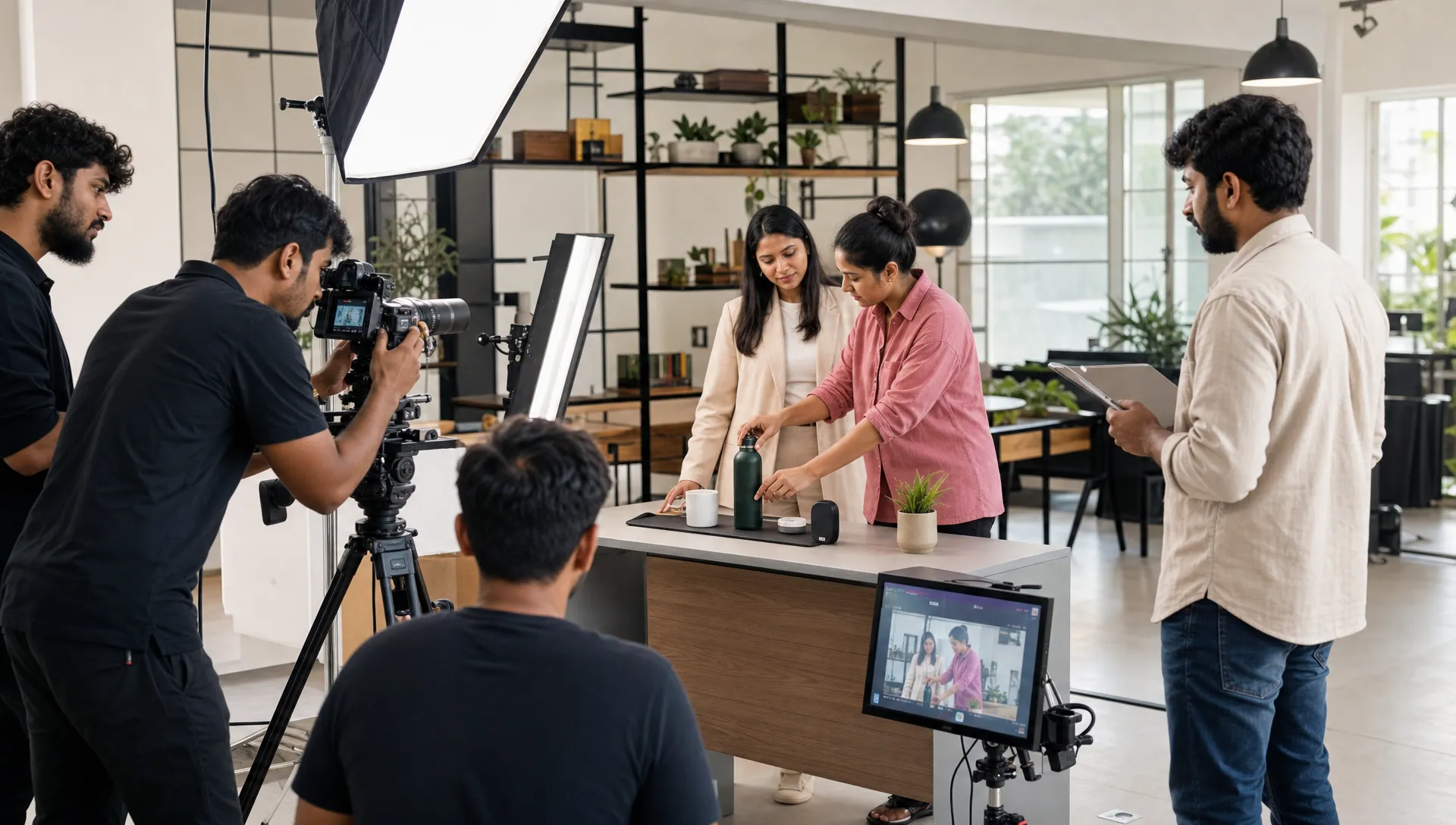 How Films and Video Shape a Brand's Story 2 A professional production crew filming a brand scene inside a modern workspace, with lights, camera equipment, and a small team arranging products and people for a polished visual story.